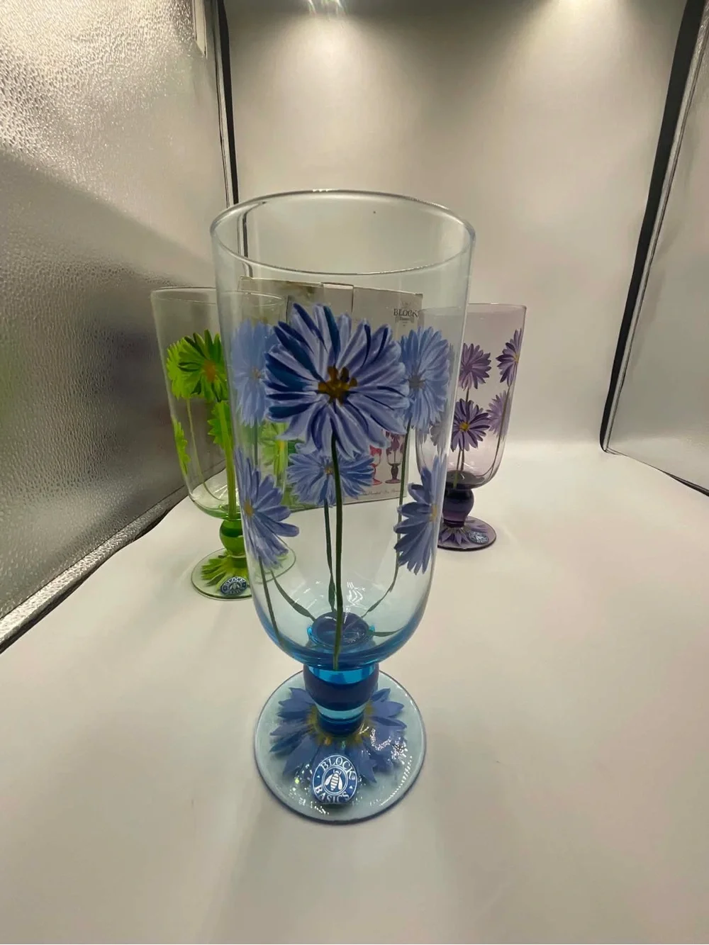 Block Crystal Daisy 4 Hand Painted All Purpose Water Tea Stemmed Glass Goblets
